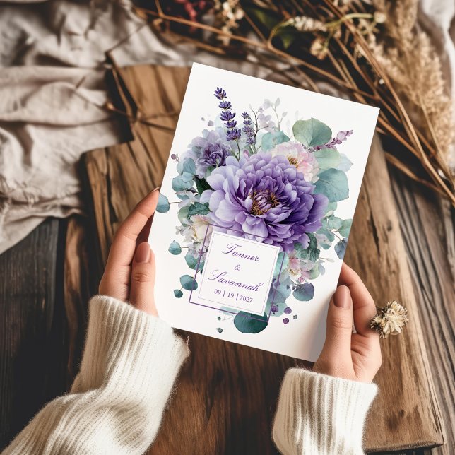 Lavender Haze Purple Peony and Eucalyptus Wedding Invitation (Creator Uploaded)