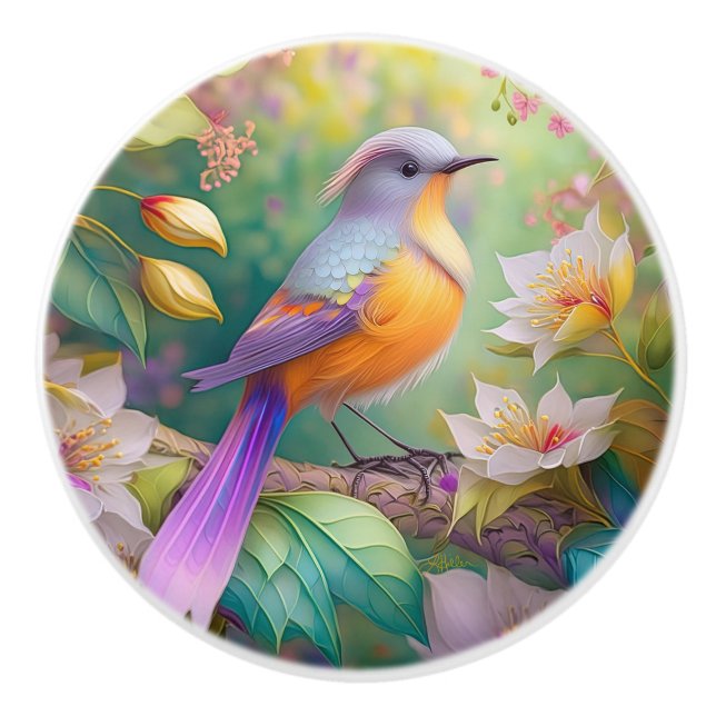 Lavender Headed Orange Breasted Fantasy Bird Ceramic Knob (Front)