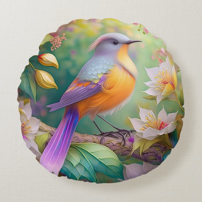 Lavender Headed Orange Breasted Fantasy Bird Round Cushion (Front)