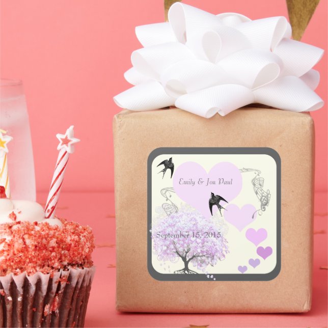 Lavender Heart Leaf Tree Wedding Square Sticker (Party)