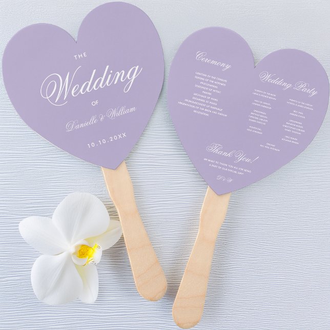 Lavender Heart Wedding Program Purple White Script Hand Fan (Creator Uploaded)