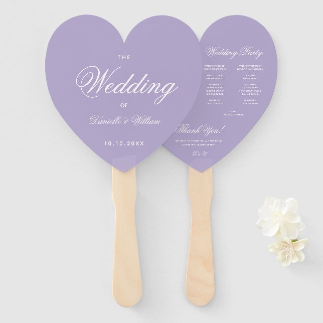 Lavender Heart Wedding Program Purple White Script Hand Fan (Front and Back)