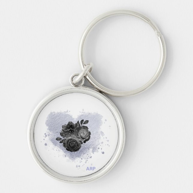 *~* Lavender Heart White Black Roses Romantic Key Ring (Front)