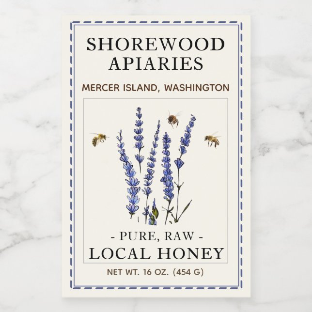 Lavender Honey 2 x 3 Realistic Bees Dashed Border Food Label (Single Label)