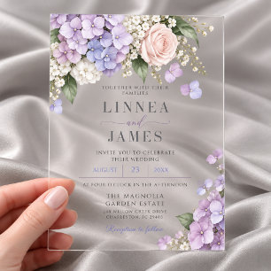 Lavender Hydrangea Blush Rose Elegant Wedding Acrylic Invitations