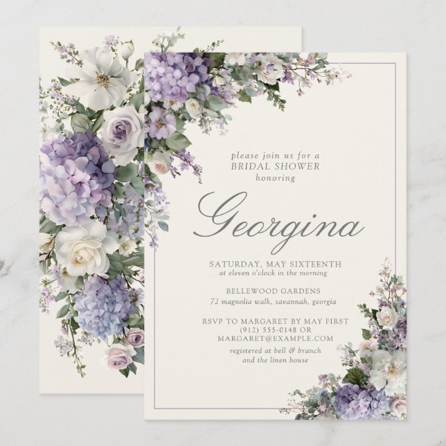 Lavender Hydrangea Ivory Monogram Bridal Shower Invitation (Front/Back)