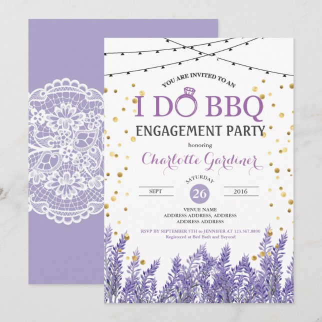 Lavender I do BBQ engagement party purple and gold Invitation (Front/Back)
