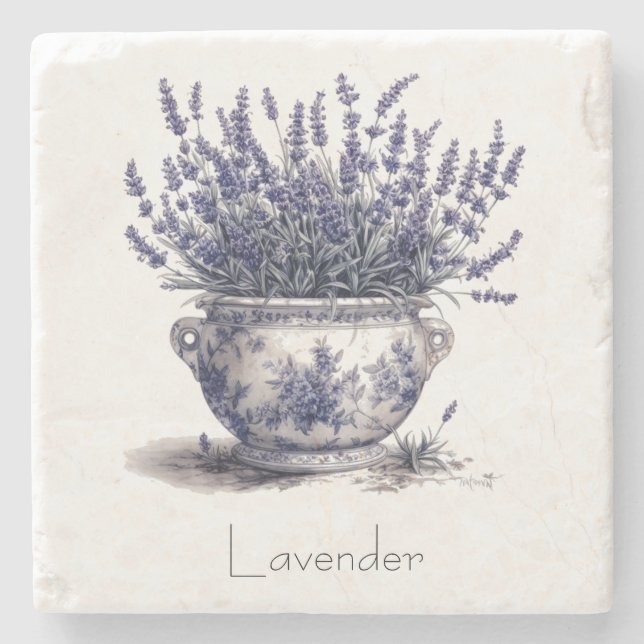 Lavender in Delft Blue customisable  Stone Coaster (Front)