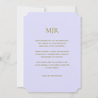 Lavender Initials Girl Birth Announcement