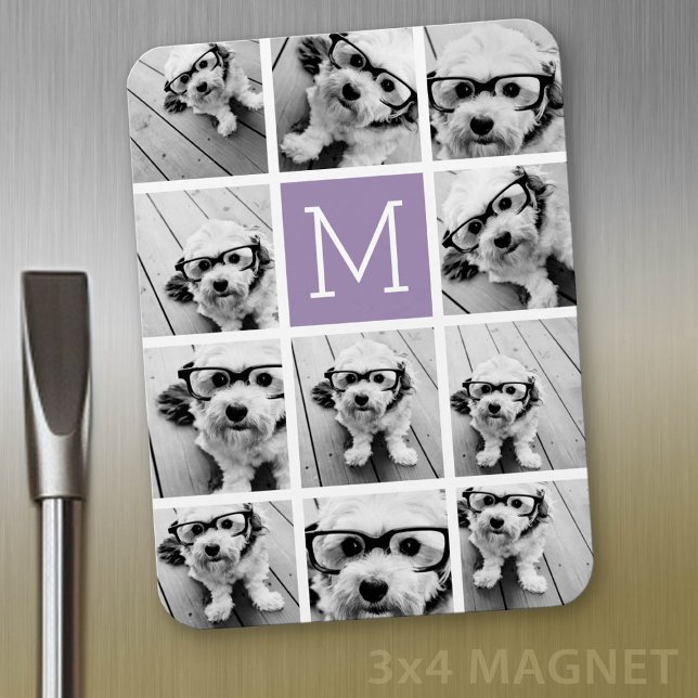 Lavender Instagram Photo Collage Custom Monogram Magnet (Personalized fridge magnet - add photos and custom text)