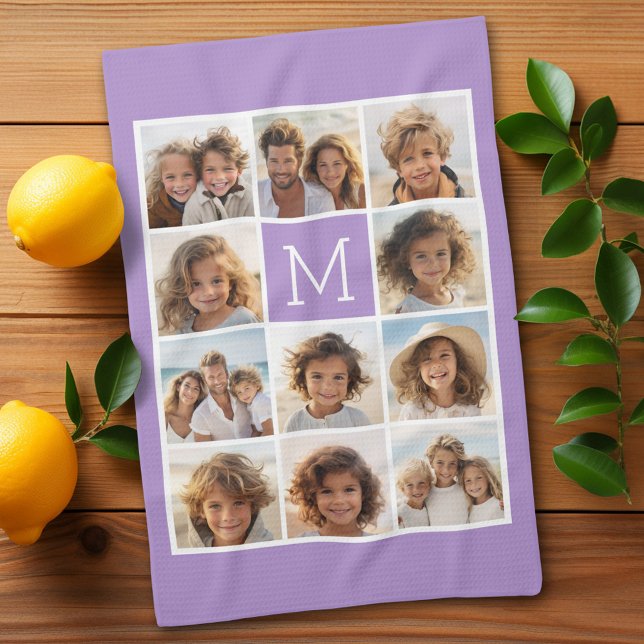 Lavender Instagram Photo Collage Custom Monogram Tea Towel (11 Photo Personalized Kitchen Towel)