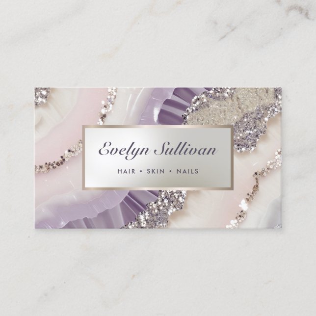 lavender ivory silver glitter marble business card (Front)