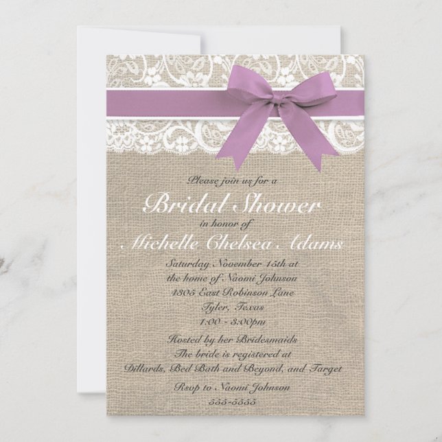 Lavender Lace Burlap Bridal Shower Invitation (Front)