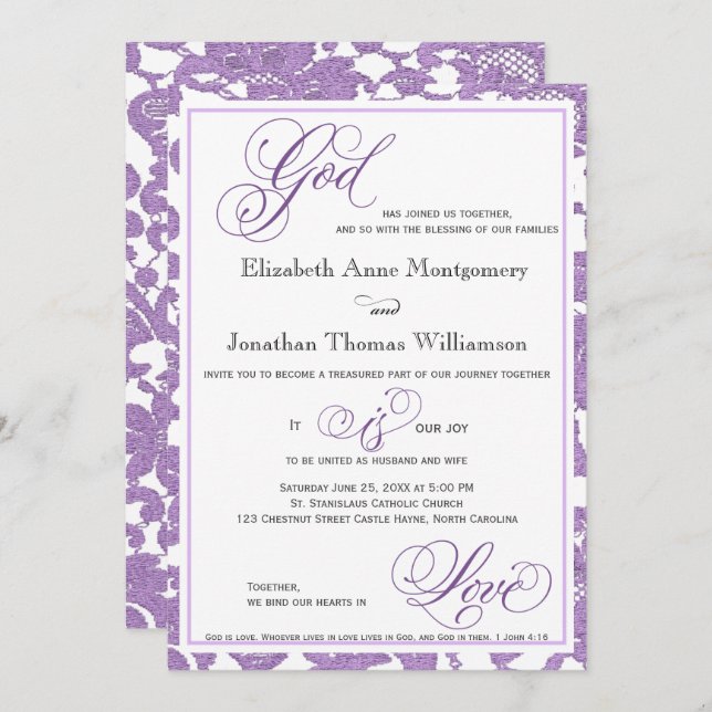 Lavender Lace Religious Wedding Invitation (Front/Back)