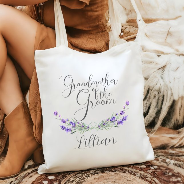 Lavender Laurel Grandmother of the Groom Wedding  Tote Bag (Grandmother of the Groom Wedding Tote with Lavender Laurels and Script Font)