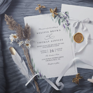 Lavender Leaves Rustic Elegant QR Code Wedding Invitation