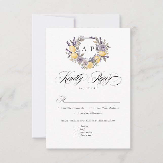 Lavender Lemon Monogram Floral Crest Meal Options RSVP Card (Front)