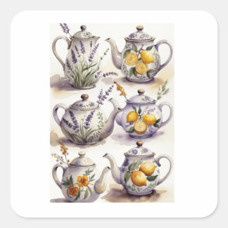 Lavender & Lemon Teapot Collection Watercolor Art Square Sticker