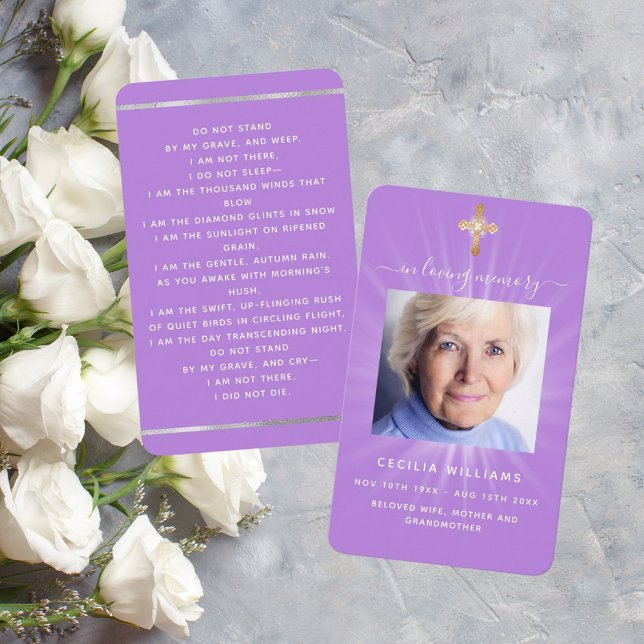 Lavender light photo cross funeral prayer card (Creator Uploaded)