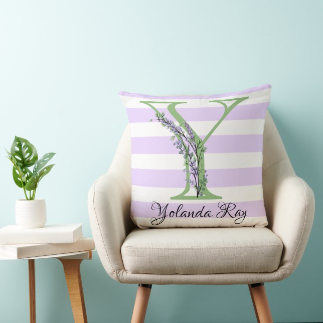 Lavender light purple white strips monogram cushion (Chair)