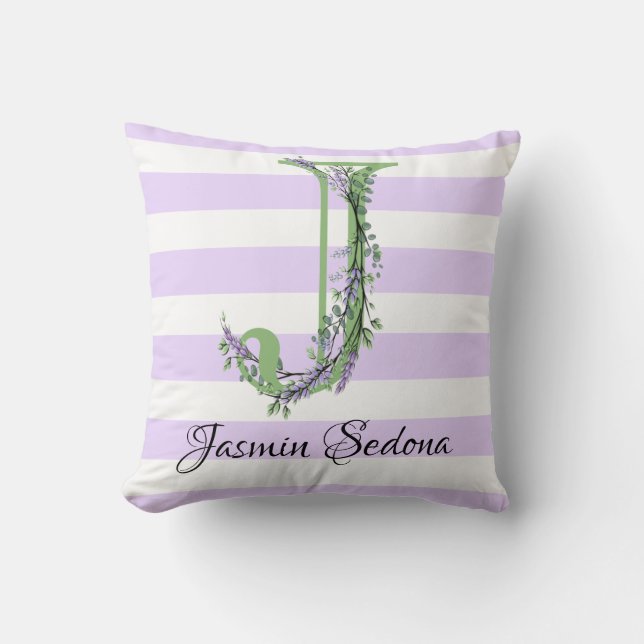 Lavender light purple white strips monogram cushion (Front)