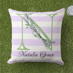 Lavender light purple white strips monogram cushion