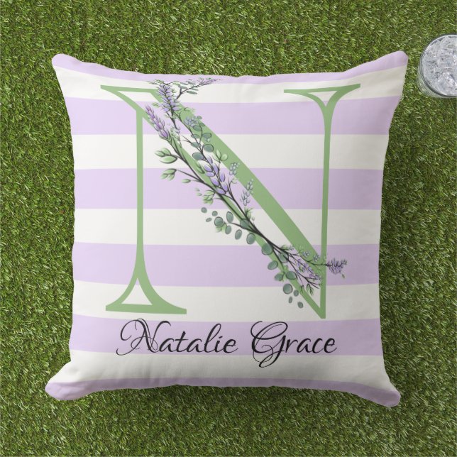 Lavender light purple white strips monogram cushion (Grass)