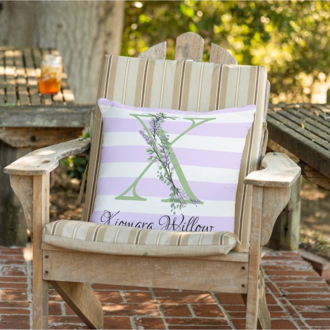 Lavender light purple white strips monogram cushion (Chair)