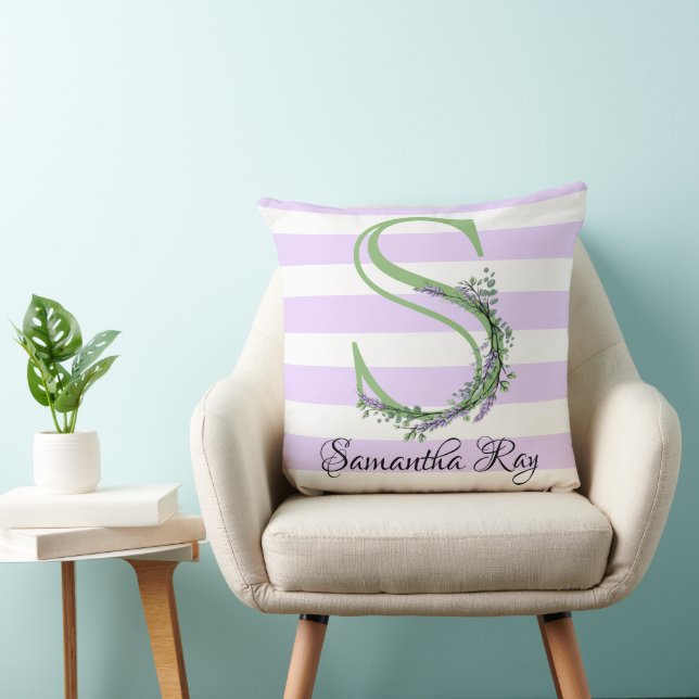 Lavender light purple white strips monogram cushion (Chair)
