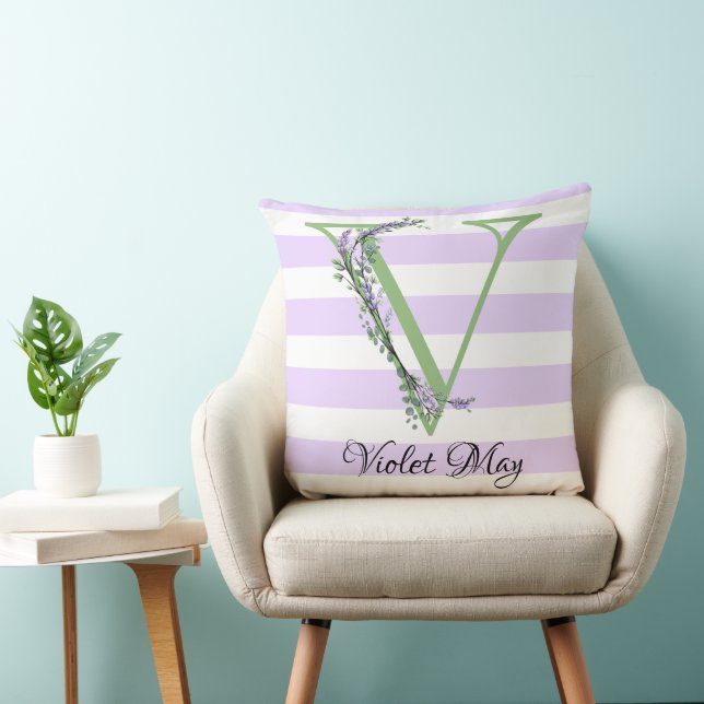 Lavender light purple white strips monogram cushion (Chair)