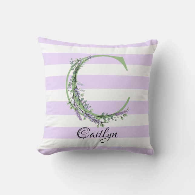 Lavender light purple white strips monogram cushion (Front)