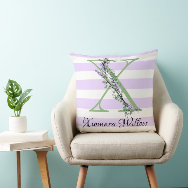 Lavender light purple white strips monogram cushion (Chair)