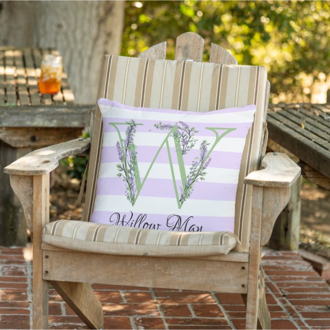 Lavender light purple white strips monogram cushion (Chair)