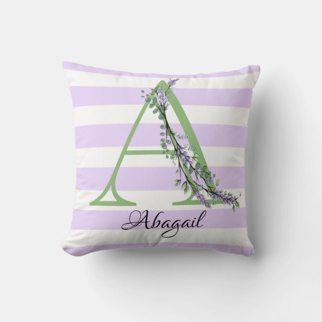 Lavender light purple white strips monogram cushion (Front)