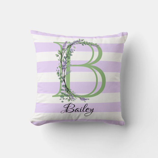 Lavender light purple white strips monogram cushion (Front)