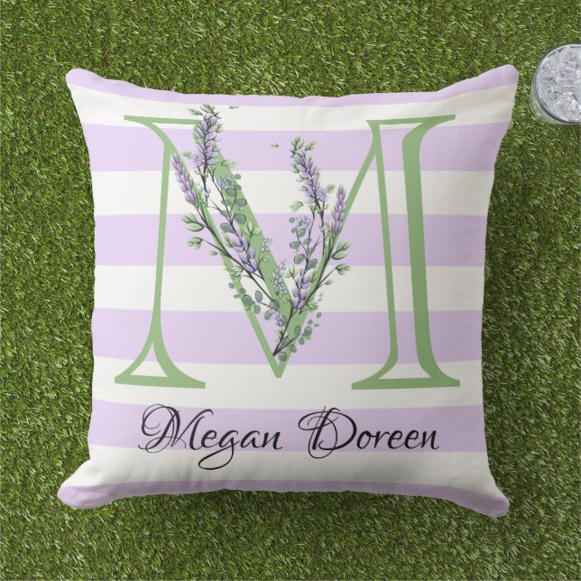 Lavender light purple white strips monogram cushion (Grass)