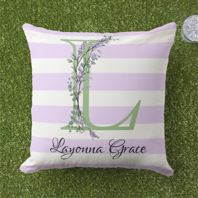 Lavender light purple white strips monogram cushion (Grass)