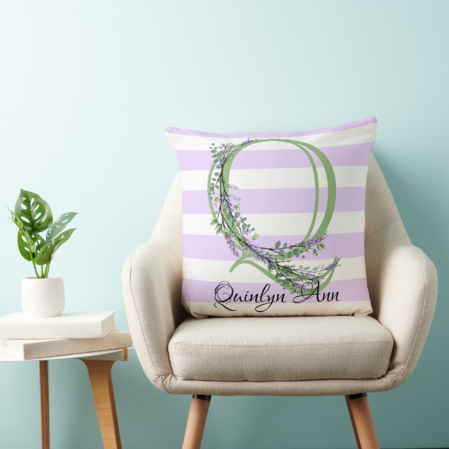 Lavender light purple white strips monogram cushion (Chair)