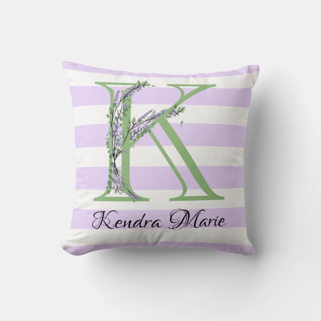 Lavender light purple white strips monogram cushion (Front)