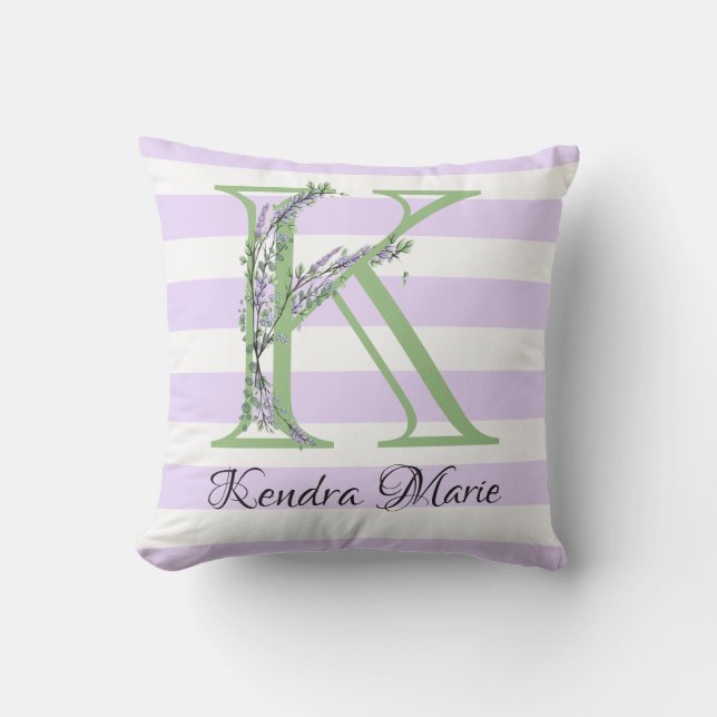 Lavender light purple white strips monogram cushion (Front)