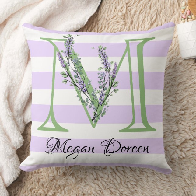 Lavender light purple white strips monogram cushion (Blanket)