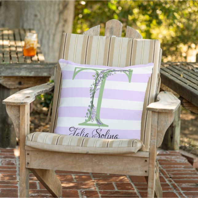 Lavender light purple white strips monogram cushion (Chair)