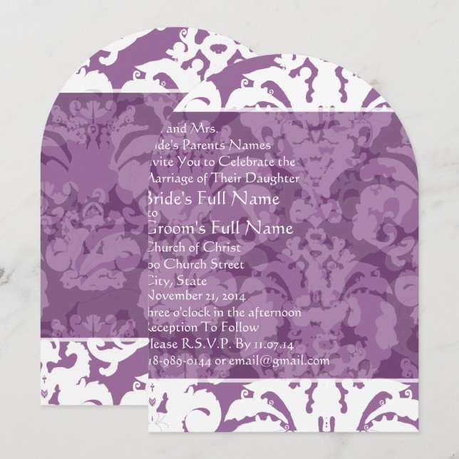 Lavender Lilac Damask Wedding Invitation (Front/Back)