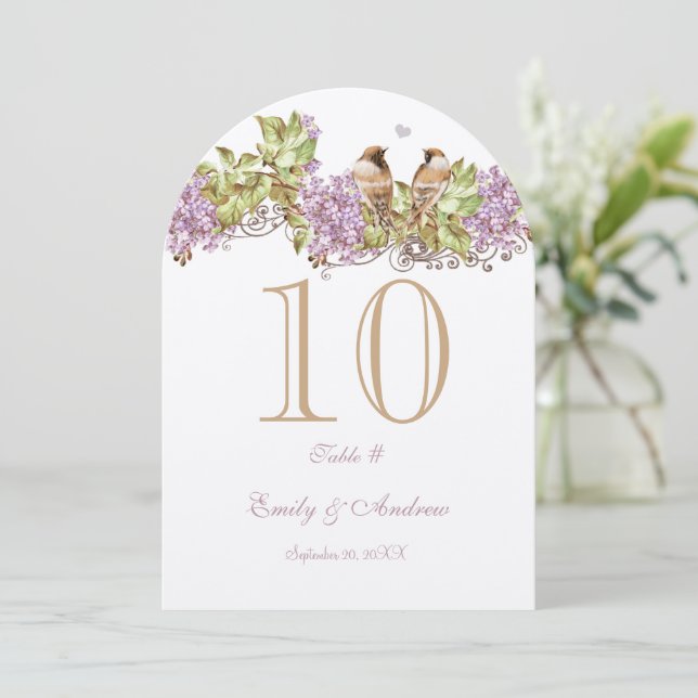 Lavender Lilac Love Bird Wedding Table Number Card (Standing Front)