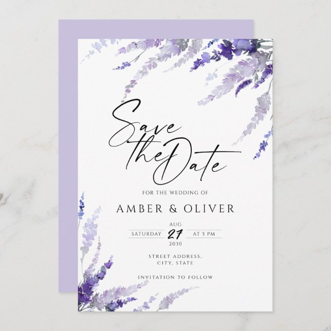 Lavender Lilac Mauve Floral Elegant Save The Date Invitation (Front/Back)