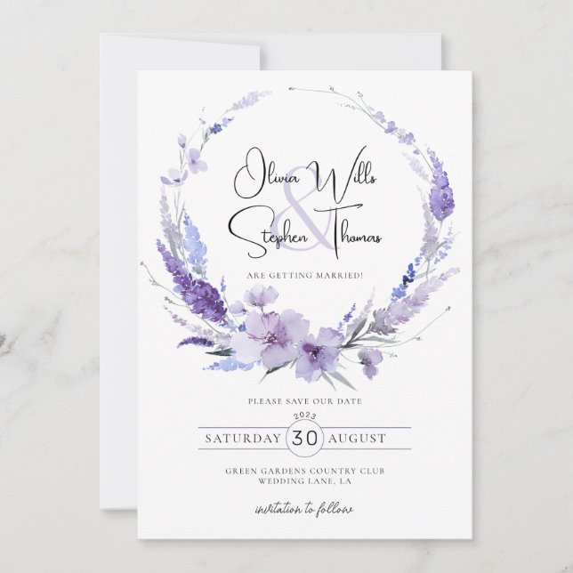 Lavender Lilac Purple Floral Boho Save The Date Invitation (Front)