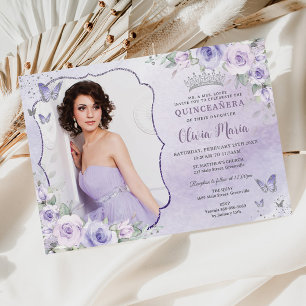 Lavender Lilac Purple Floral Photo Quinceañera Invitation