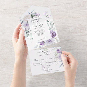 Lavender Lilac Purple Peonies Greenery Wedding All In One Invitation