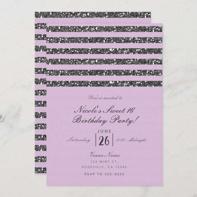 Lavender Lilac Purple Silver Glitter Stripes Party Invitation (Front/Back)