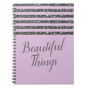 Lavender Lilac Purple Silver Glitter Stripes Spiral Notebook